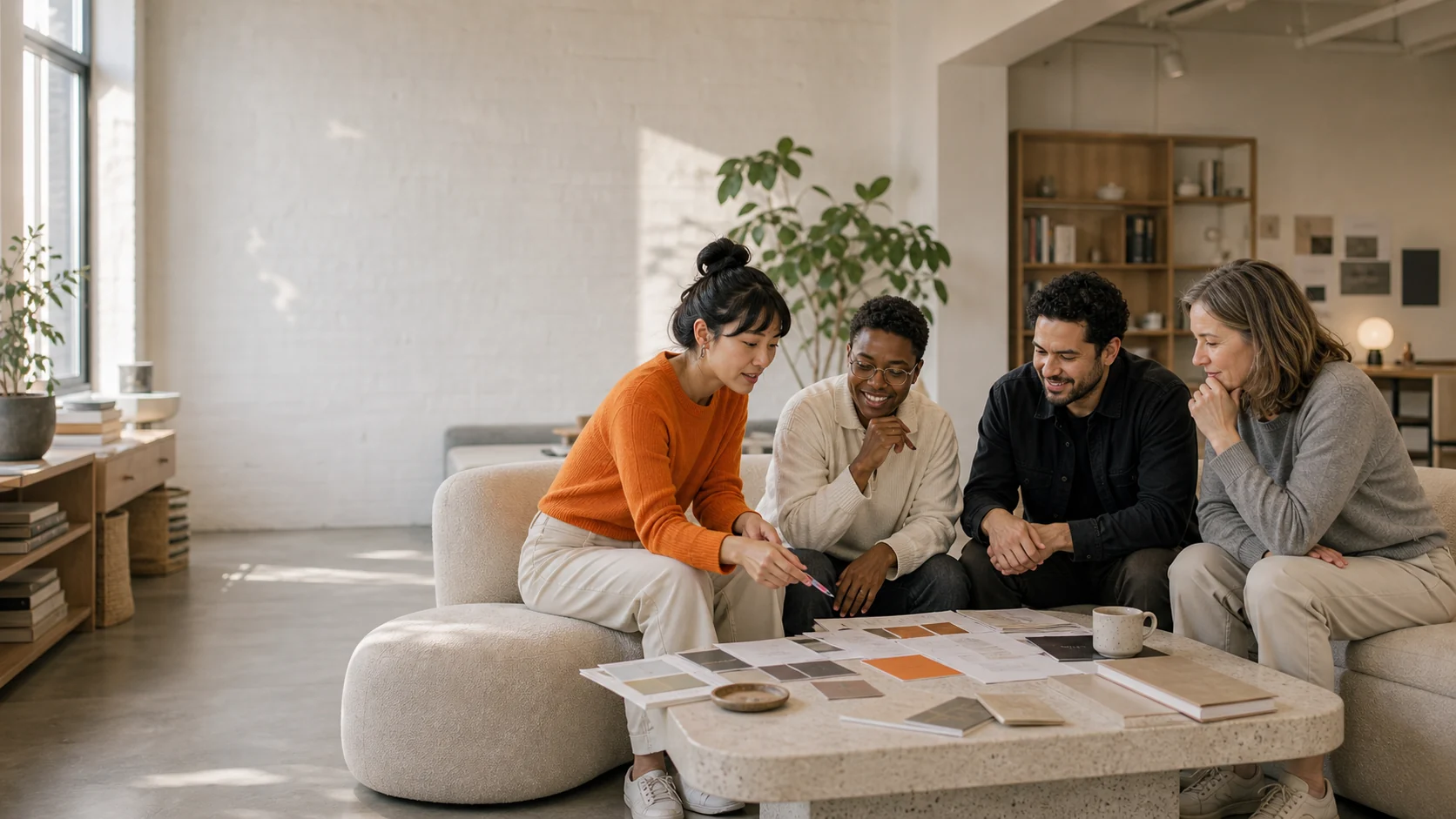 AI consulting team comparing small-business workflows in a collaborative studio