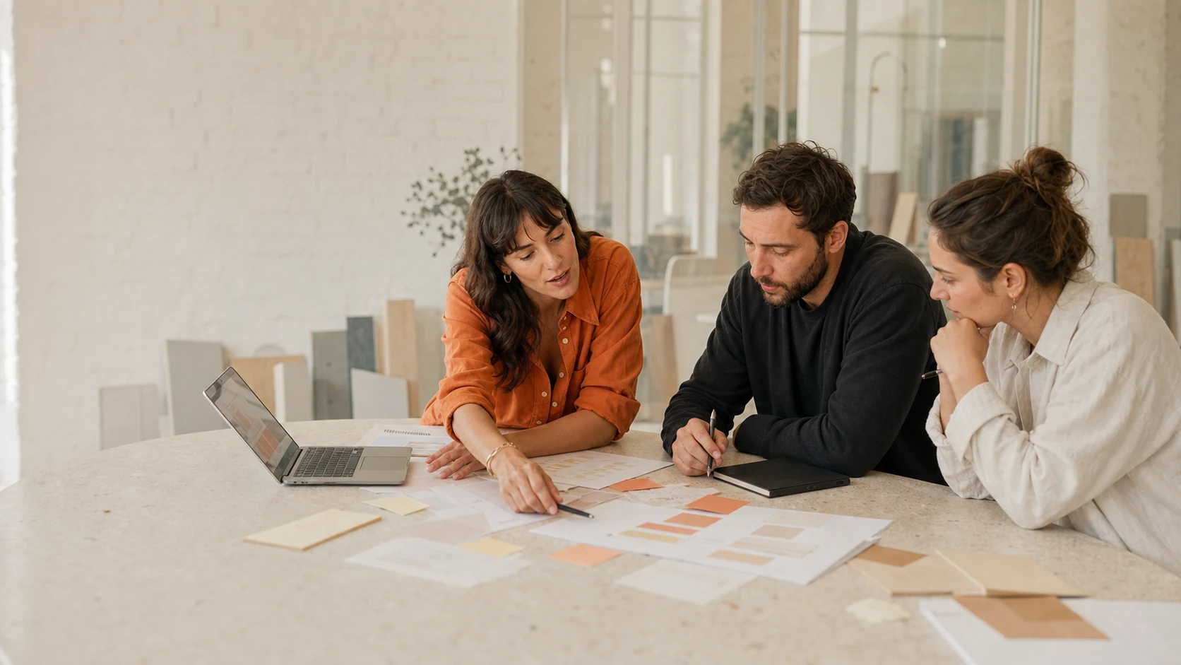 AI implementation planning session with workflow cards, metrics, and rollout notes